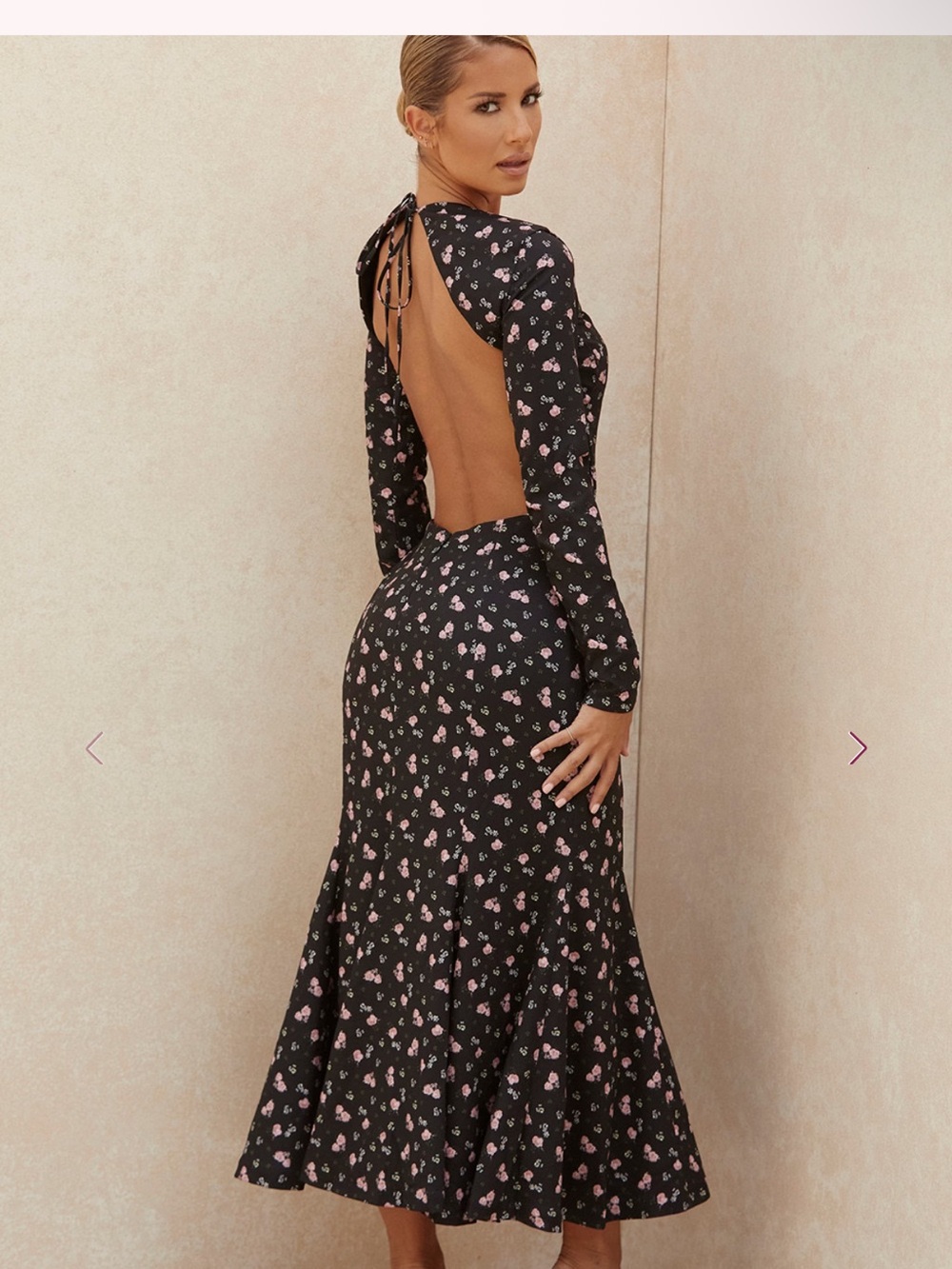 House of CB Black Floral Backless Long Sleeve Maxi Dress with Pink Print